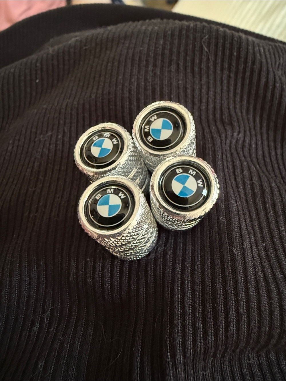New BMW Silver Tire Valve Stem Caps with Blue & White Logo - Set of 4